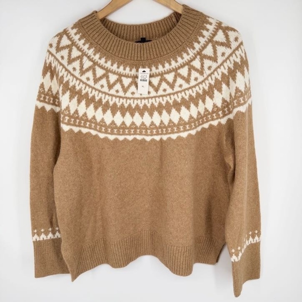 NEW Talbots Fair Isle Sweater XL Tan Wool Blend Pullover Winter Warm Cabin Cozy